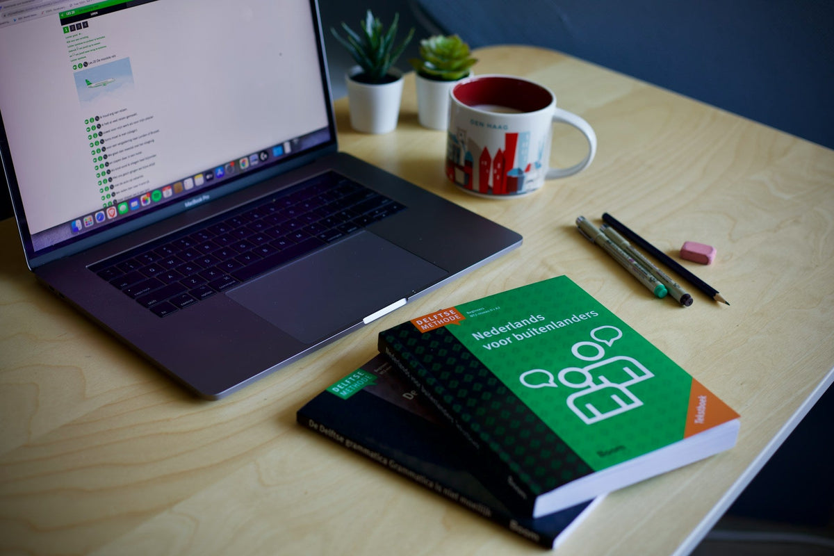 desk with foreign language book for language immersion